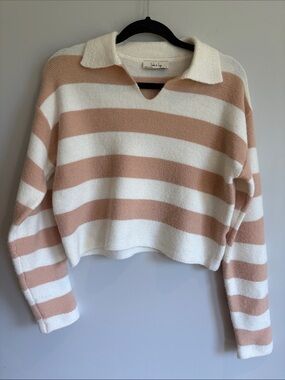 Sadie & Sage Cream & Tan Striped Cropped Collared Sweater